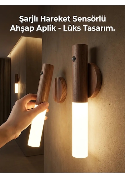 Kablosuz Şarjlı Led Ahşap Renk Lüks Aplik Hareket Sensörlü Günışığı Duvar Lambası
