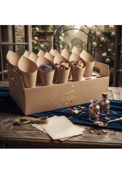 Premium Kraft Koni Kağıdı 100 Adet İpli Hediyelik İkram Ve Şeker Sunum Külahı