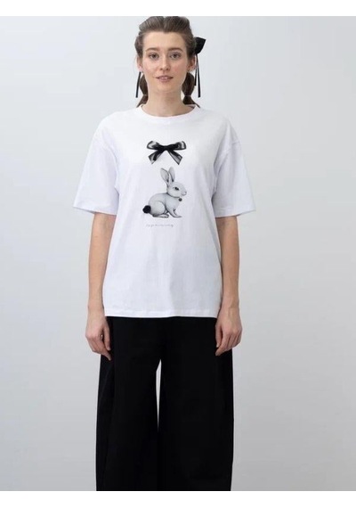Zekids Kız Çocuk Tavşan Baskılı Oversize Tasarım Tshirt-15538 Ekru