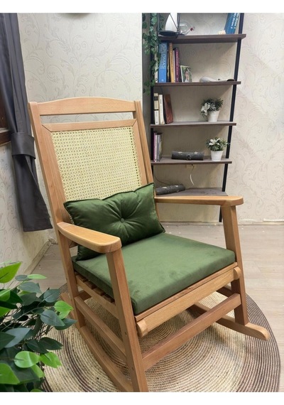 Asedia Veranda Naturel Yeşil Minderli Hasırlı Sallanan Sandalye Dinlenme Koltuğu
