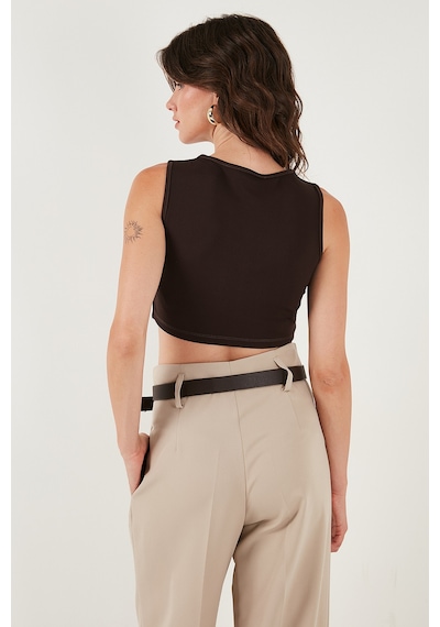 Lela Slim Fit Kalp Yaka Düğmeli Kalın Askılı Crop Bayan Yelek 5865497 Kahve