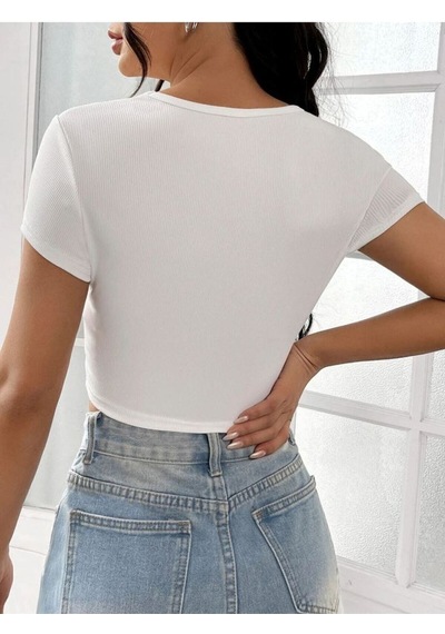 Rooted-kadın Kare & Havuz Yaka Crop T-shirt ,likralı Fitilli Kaşkorse Kumaş Ecru