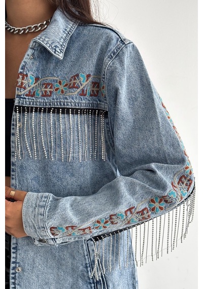 Femelle Kadın Çıtçıt Düğmeli Taş Püsküllü Komple Nakış İşlemeli Denim Ceket mavi