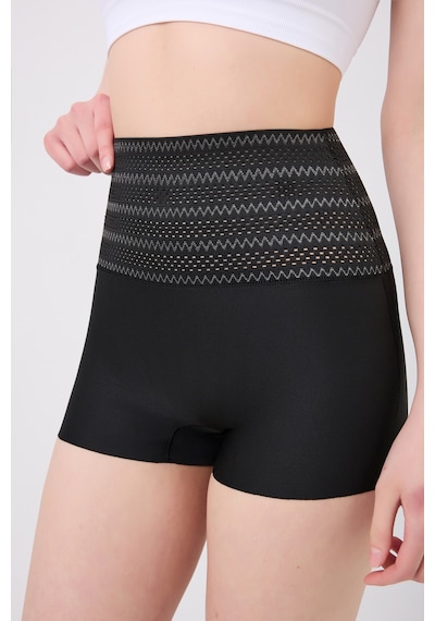 Mistirik Lerici Model Yüksek Bel Beli Desenli Karın Ve Göbek Toparlayıcı Boxer Korse Siyah Renk