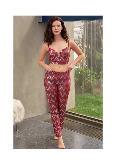 L'ombre Kadife Balenli Destekli Dolgulu Parlak Baskılı Fermuar Detaylı Büstiyer Ve Pantolon Pijama T Bordo