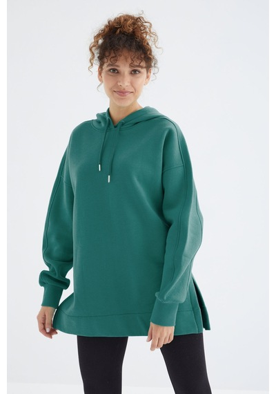 Tommy Life Deniz Yeşili Reglan Kol Basic Kapüşonlu Oversize Sweatshirt Tunik - 97242 Yeşil