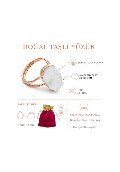 Doğal Beyaz Druzy Kuvars Taşlı Ayarlanabilir Kadın Yüzük Bakır Çift Bant Gold
