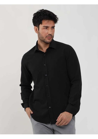 Dufy Siyah Erkek Slim Fit Gofre Desenli Brent Yaka Uzun Kol Gömlek - 104815-siyah Siyah