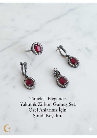 Yakut Taşlı Ve Zirkon Süslemeli Gümüş Set Bronz