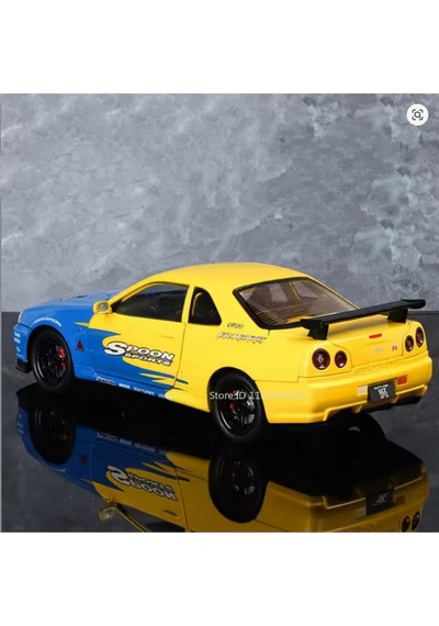 Nissan Skyline Gtr R34 Modifiyeli 1:24 Diecast Metal Model Araba Koleksiyon Sesli Işıklı Sarı Mavi