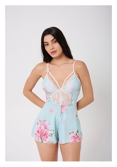 Eloria Fashion Dantel Detaylı Askılı Çiçek Desenli Kadın Tulum Pijama,gecelik Turkuaz
