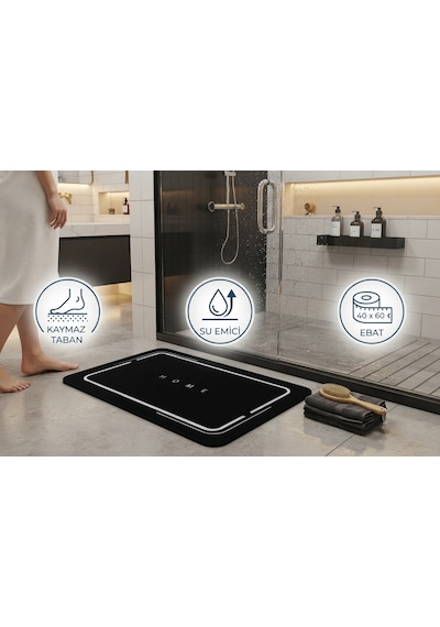 1 Adet 40 60 Cm Banyo Paspası Kaymaz Tabanlı Su Emici Yapı Kare Şık Tasarım Siyah - Gri Çizgili Banyo Önü Duşakabin Önü Paspas