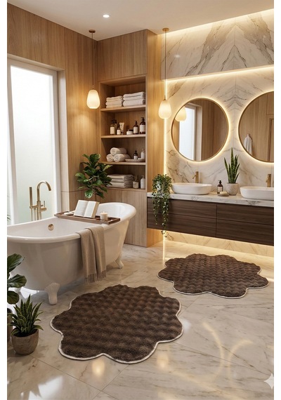 Bubble Papatya Banyo Paspası 2'li Set Pofuduk Yumuşak Peluş Kaymaz Taban Dekoratif Banyo Halısı Antrasit