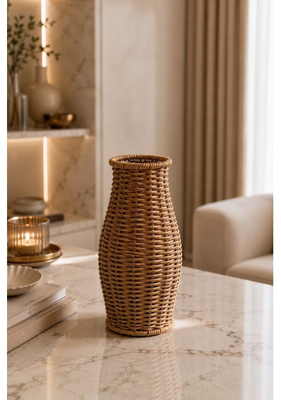 Qerhome Rattan Hasır Dekoratif Vazo - Dekoratif Obje Mln-11435 Ahsap