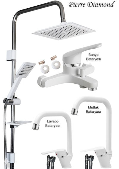66231 Lavabo Banyo Mutfak Bataryası Ve Robot Duş Takımı Köşe Borulu Siyah Krom Beyaz Beyaz - Krom