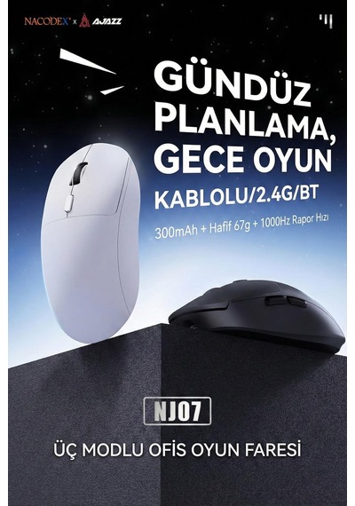 Coverzone Kablosuz Gaming Mouse 12800 Dpı 3 Modlu Bluetooth 2.4g Usb Kablolu 1000hz Raporlama Hızı 67g Ultra Hafif 6 Tuş 300mah Şarjlı Ofis Oyuncu Mouse Ajazz Nj07 Beyaz - Nj07 Coverzone Kablosuz Gaming Mouse 12800 Dpı 3 Modlu Bluetooth 2.4g Usb Kablolu 1000hz Raporlama Hızı 67g Ultra Hafif 6 Tuş 300mah Şarjlı Ofis Oyuncu Mouse Ajazz Nj07 Beyaz - Nj07
