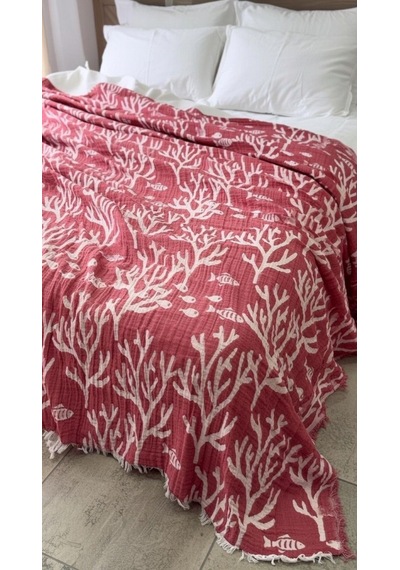 Mercan Desen 4 Katlı Müslin Pike Yatak Örtüsü Battal Boy 240x260 Cm Kırmızı