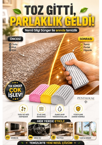 3 Adet Nemli Silgi Sünger - Toz Ustası - Çok Amaçlı Temizlik Toz Süngeri