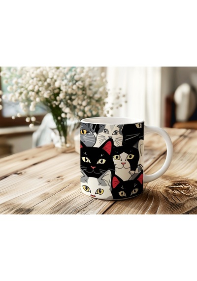 Sevimli Kedi Figürleri İle Kupa Bardak Çoklu Full Kedi Tasarımları - Hediye Kupa Modelleri Beyaz