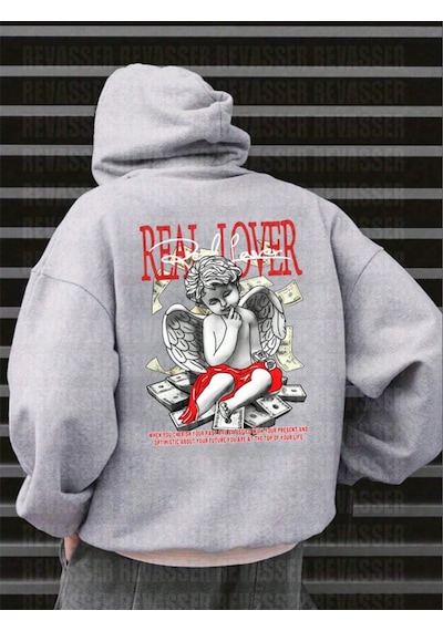 Startmore Gri Unisex Oversize Real Lover Baskılı Bol Kesim Kapşonlu Şardonlu
