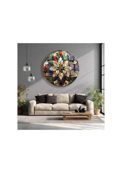 Vitray Çiçek Mandala Cam Tablo Modern Sanat Tablosu Canlı Renkli Baskı Ofis Ve Çalışma Odası Anlamlı Hediye Seçeneği Kolay Montaj Askılı