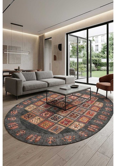 Frenda Home Binbirgece Pamuk Taban Yıkanabilir Dijital Baskılı Oval Halı Gri