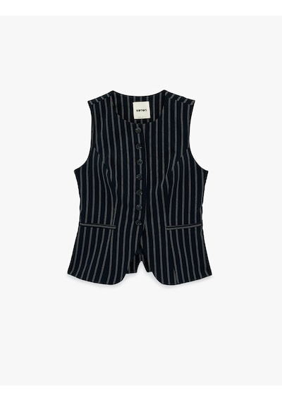 Koton Slim Fit Düğmeli Cepli Bisiklet Yaka Çizgili Blazer Yelek Lacivert Çizgili 6sak20143ew 7s2