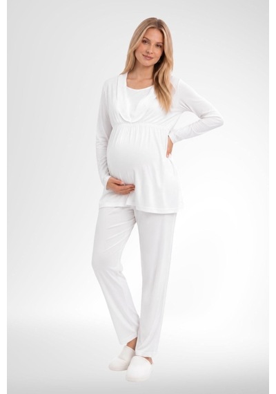 Mecit Pijama Mecit 6406 Ekru Dantel Sabahlıklı Lohusa Pijama Takımı