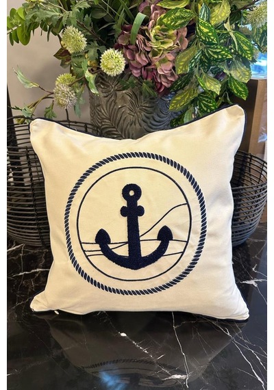 Denizci Lüx Nakışlı Keten Kırlent Kılıfı 45x45 Cm Lacivert