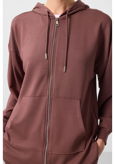 Tommylıfe Kahverengi Yumuşak Dokulu Kapüşonlu Oversize Kadın Tunik Sweatshirt - 97302