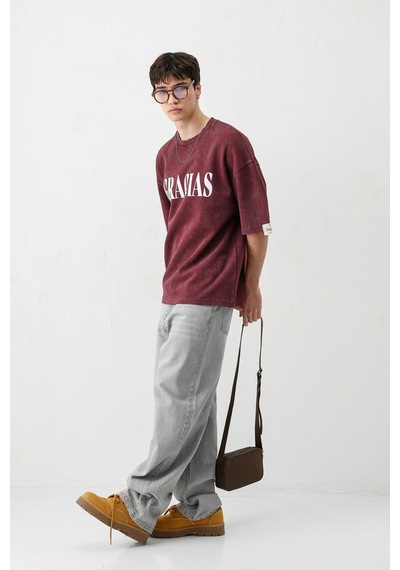 Vamos Oversize Baskılı Tişört V70-143 Bordo