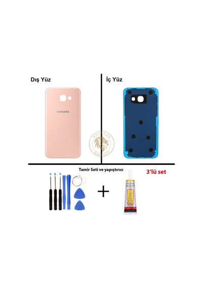 Samsung Galaxy A3 2017 A320 Pembe Renk Arka Kapak + Tamir Seti + B7000 Yapıştırıcı Arka Cam Batarya Kapağı Pil Kapağı Lazer Kesim Back Cover Galaxy A3 2017 Uyumlu