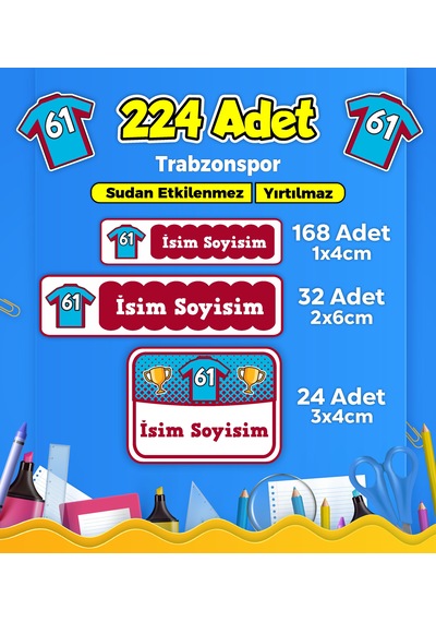 Okul Kreş Kişiye Özel İsim Etiket Seti Trabzonspor Temalı - Model 44 Çok Renkli