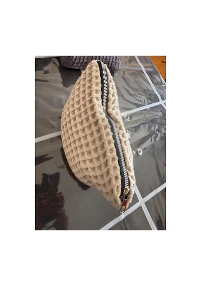 Fermuarlı Waffle Makyaj Temizleme Çantası + 2'li Yıkanabilir %100 Pamuk Ped Seti Bej