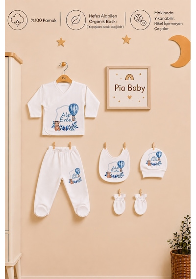 Pia Baby İsme Özel Erkek Bebek %100 Pamuk Zıbın Şapka Önlük Eldiven Ve Yastık Kılıfı Hediyelik Set 1009yzyx Ekru