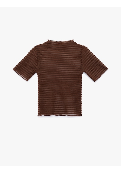 Koton Regular Fit Kısa Kollu Bisiklet Yaka Yarı Transparan Tişört Kahverengi 6sak50009ek Kahve