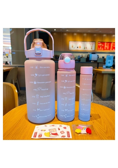 Motivasyonel 3lü Set Su Matarası Su Şişesi Suluk 2lt+900ml+300ml Tritan Spor Salonu Su Şişesi Suluk Çok Renkli