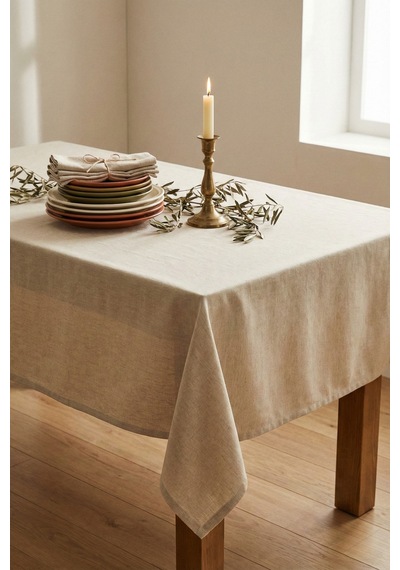 Linen Vintage Naturel Keten Masa Örtüsü - Ham Bej Yıkanmış Keten Bohem Sofra Örtüsü