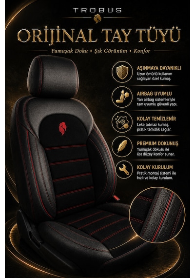 Renault R9 Broadway 1990-2000 Uyumlu Lion Serisi Tay Tüyü Siyah Kırmızı Premium Koltuk Kılıfı