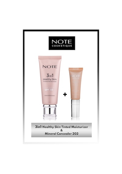 Note Cosmetics 3 in 1 Tinted Ton Eşitleyici 50 SPF Krem & Mineral Concealer 202 Göz Altı Kapatıcısı Makyaj Seti