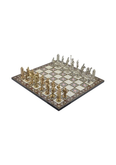 Gifthome Metal Satranç Takımı/seti Battal,yunan,parlak, Kat.sedef Desenli Satranç Tahtası