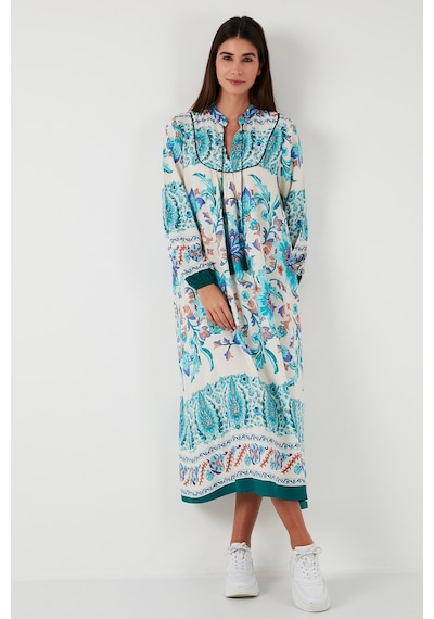 Lela Modest Desenli Regular Fit Bağlamalı V Yaka Maxi Bayan Elbise 611El510 Yeşil