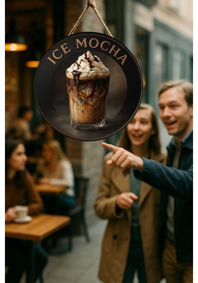 Ice Mocha Temalı Yuvarlak Cafe Tabelası, Jüt İpli Ahşap Duvar & Kapı Dekoru, Barista Tarzı Süs