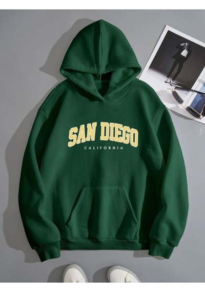 San Diego California Sweatshirt - Nefti Yeşil Baskılı Oversize Kışlık Kalın Kapüşonlu Nefti Yeşil