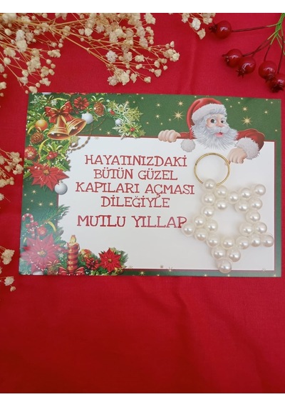 10 Adet İnci Yıldız Yılbaşı Hediyesi Anahtarlık - Noel Baba Kartl