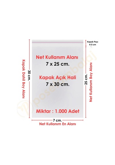 7x25+5 Cm. 7x30 1.000 Adet Şeffaf Bantlı Yapışkanlı Opp Poşet