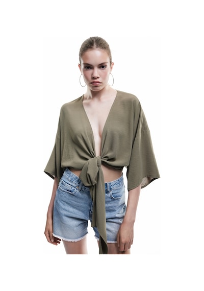Koton Kısa Kollu Kruvaze Yaka Bağlama Detaylı Oversize Kimono Haki 5sal50003ıw Haki