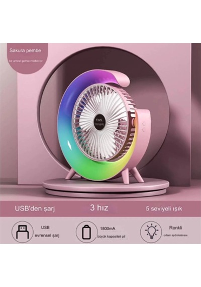 Masaüstü Vantilatör Usb Şarjlı Rgb Led Işıklı 3 Kademeli 180 Ayarlanabilir Soğutucu Fan Pembe Çok Renkli