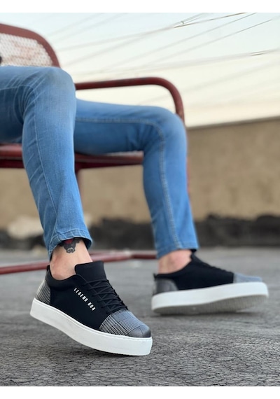 BA0104 Bağcıklı Siyah Ekose Süet Beyaz Taban Spor Klasik Erkek Ayakkabı Siyah