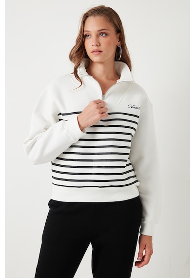 Lela Streç Oversize Fit Yarım Fermuarlı Dik Yaka Bayan Sweat 5865883 Ekru